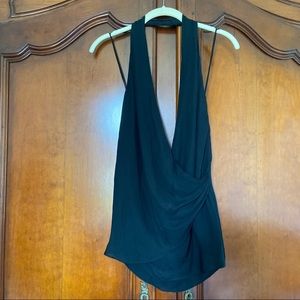 NWT Haute Hippie Black 100% Silk Surplice Halter Wrap Top | Size XS